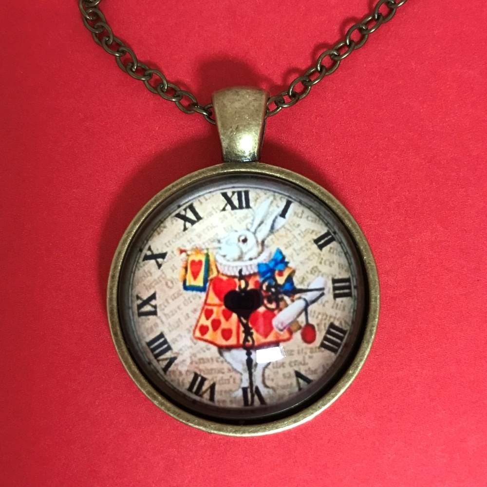 White Rabbit on a Watch Face Bronze Tone Necklace